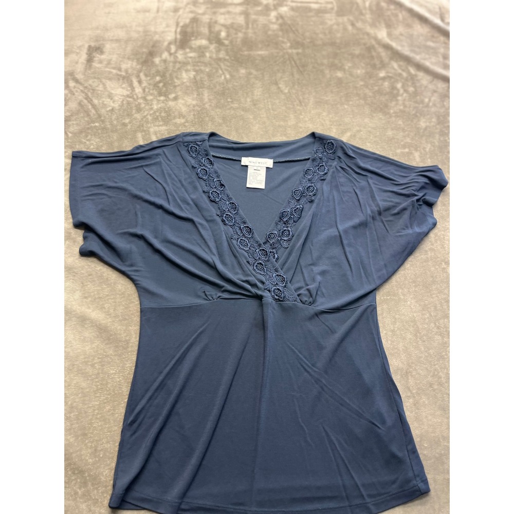 Nine West Womens Blue Lace Trim Surplice V-Neck Dolman Sleeve Blouse Medium